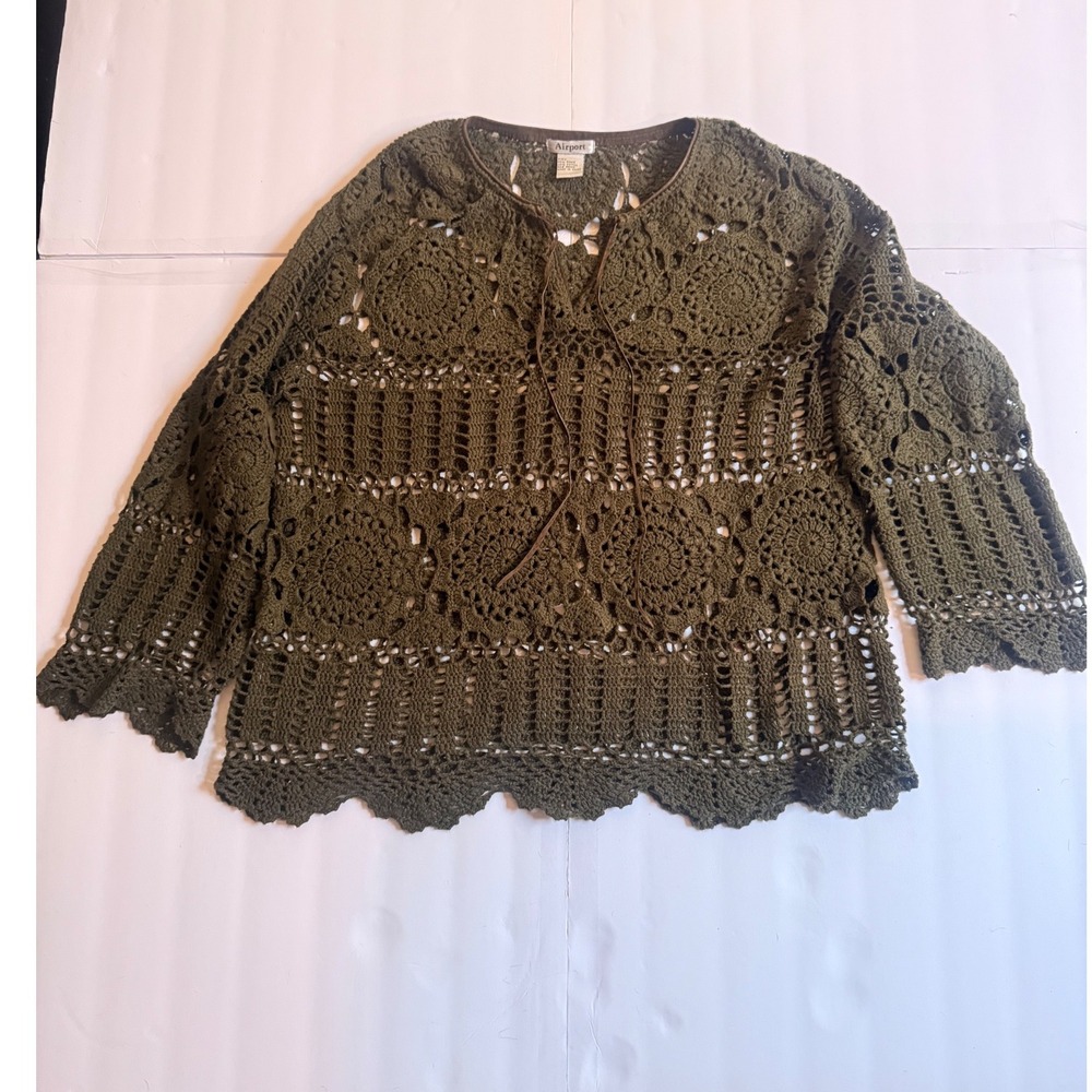 Airport Olive Green Crochet Knit Top Gothic Boho Tie Neck Ramie Cotton Large